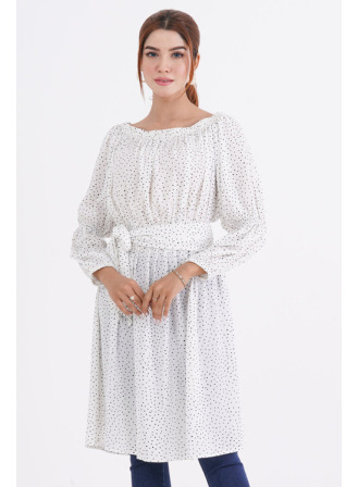 12 - Dot Printed Pleated Dress With Tie String