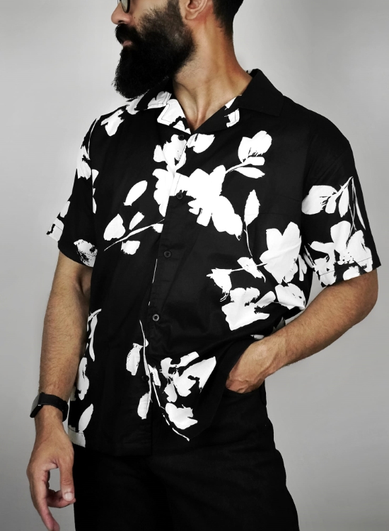 Cuban Shirt in Black Abstract Print