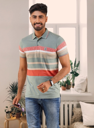 11 - Pure Cotton Double Knit Striped Polo Shirt