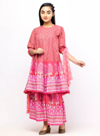 214 - Watermelon Printed and Embroidered Linen Shalwar Kameez