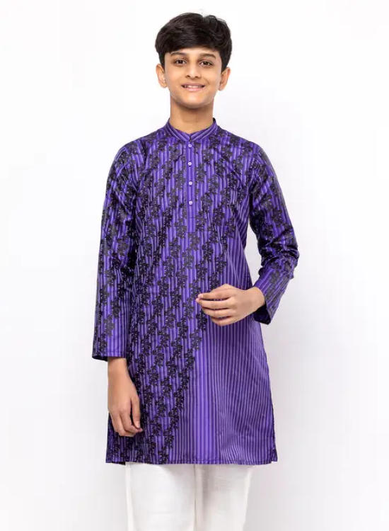 Purple/Navy Blue Striped and Printed Silk Panjabi Pajama Set