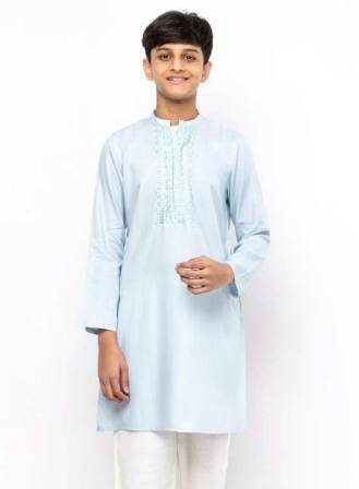 216 - Cyan Embroidered Viscose Panjabi Pajama Set