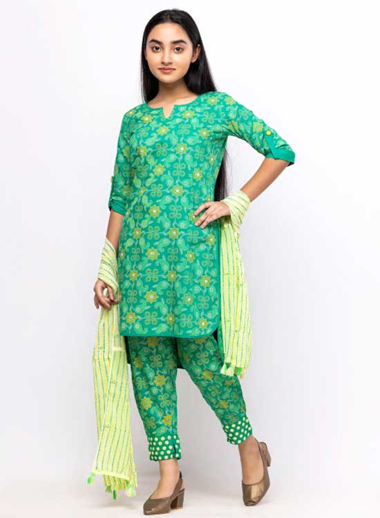 Green Printed and Embroidered Linen Shalwar Kameez Set