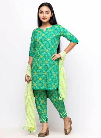 217 - Green Printed and Embroidered Linen Shalwar Kameez Set