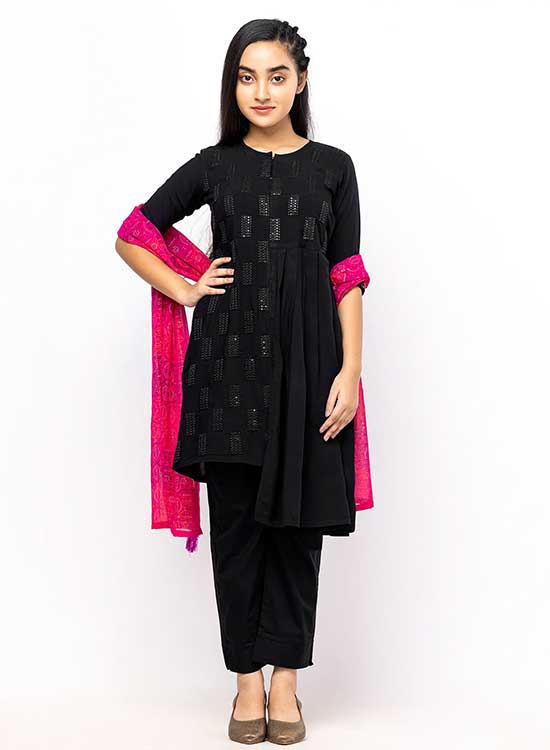 Black Printed and Embroidered Linen Shalwar Kameez