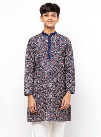 219 - Cobalt Blue Printed Endi Silk Panjabi