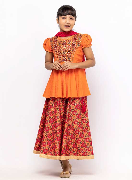 Orange Printed and Embroidered Linen Ghagra Choli Set