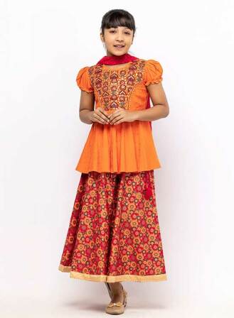 221 - Orange Printed and Embroidered Linen Ghagra Choli Set